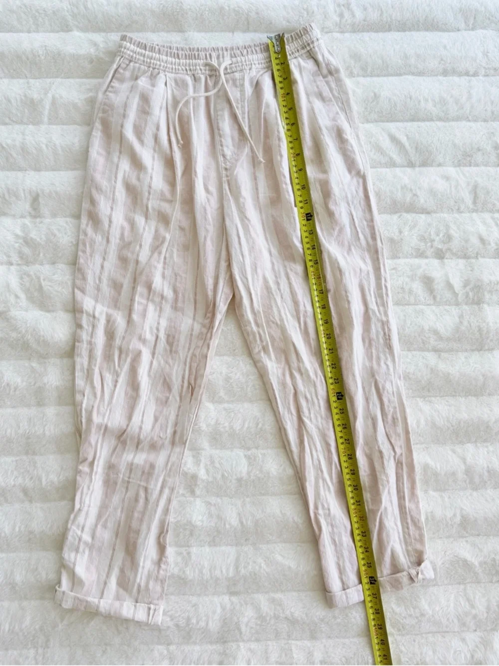 Zara Linen Blend Striped Pants Size M Beige Cream Drawstring Boho Beach